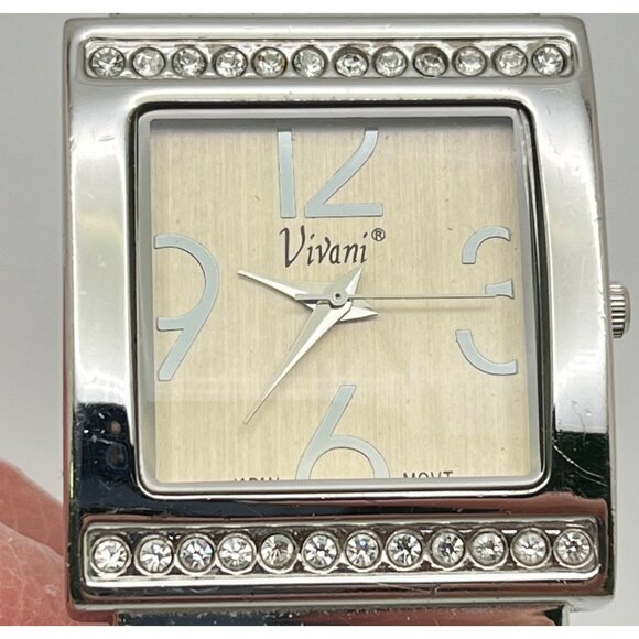 Vivani Womens Silver Tone Cuff Watch Bracelet Bangle Rhinestone Accents - Picture 2 of 8